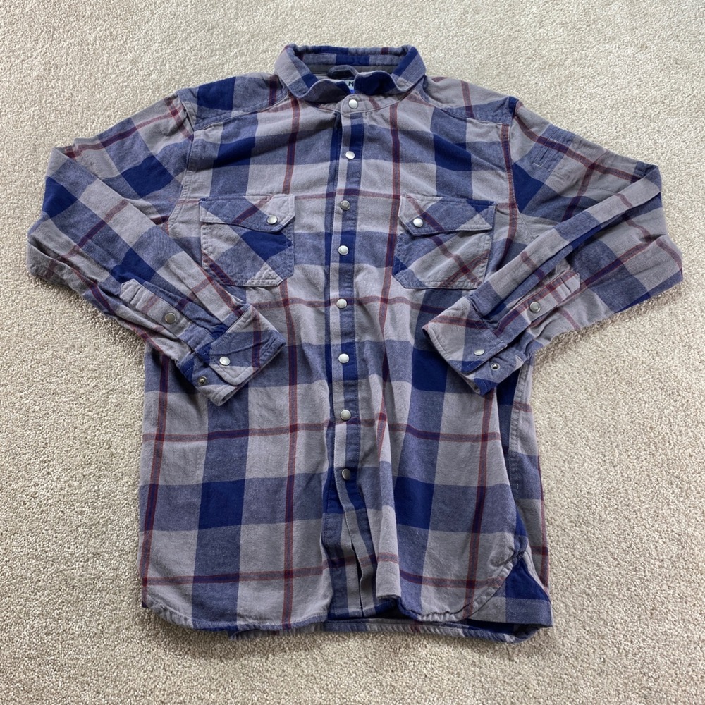 LA Police Gear Backup Flannel Shirt Mens Medium Blue‎ Grey Plaid Snap Front